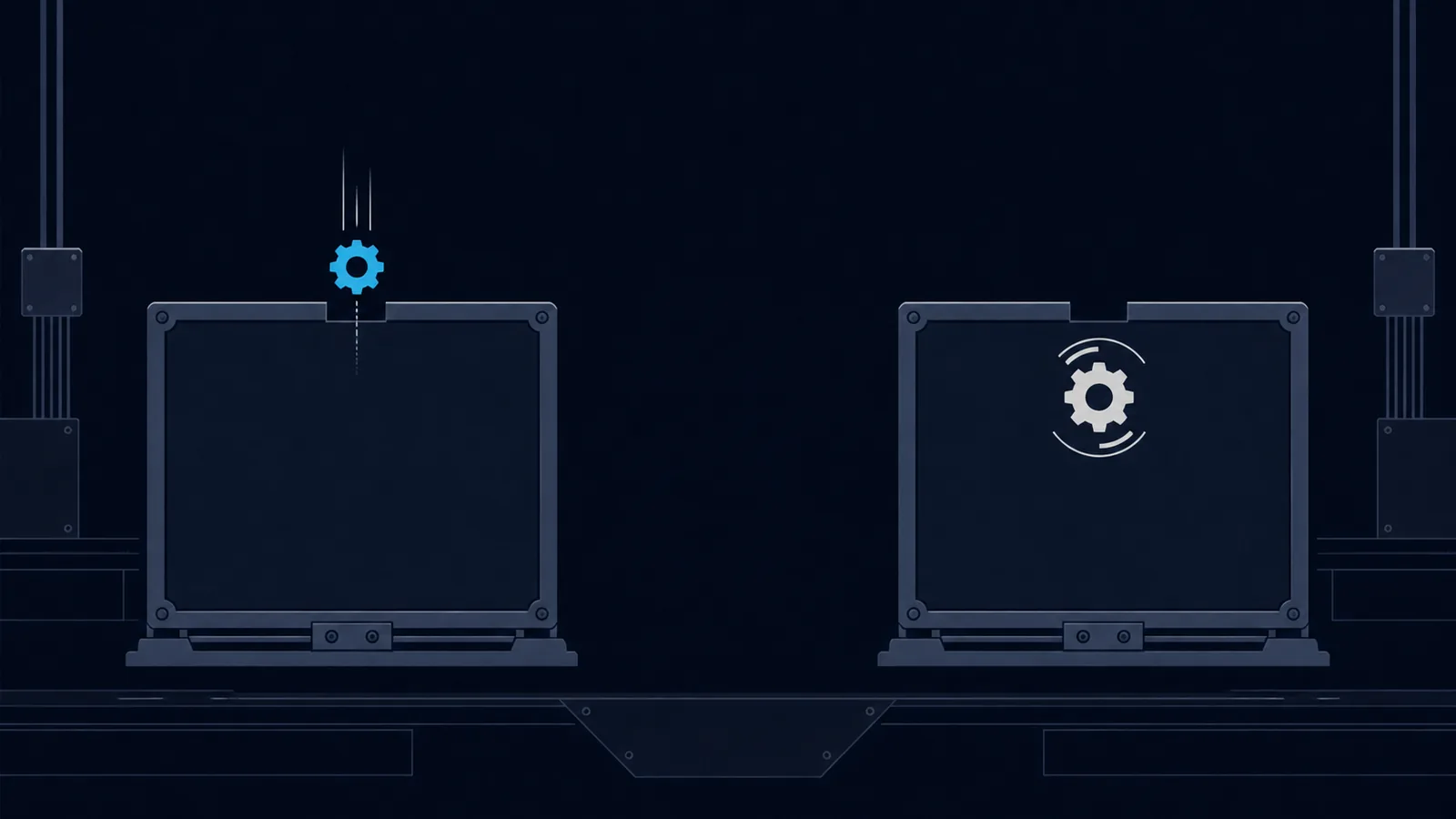 Two identical screen frames, a foreign cog dropped into one and an identical cog turning in the other.