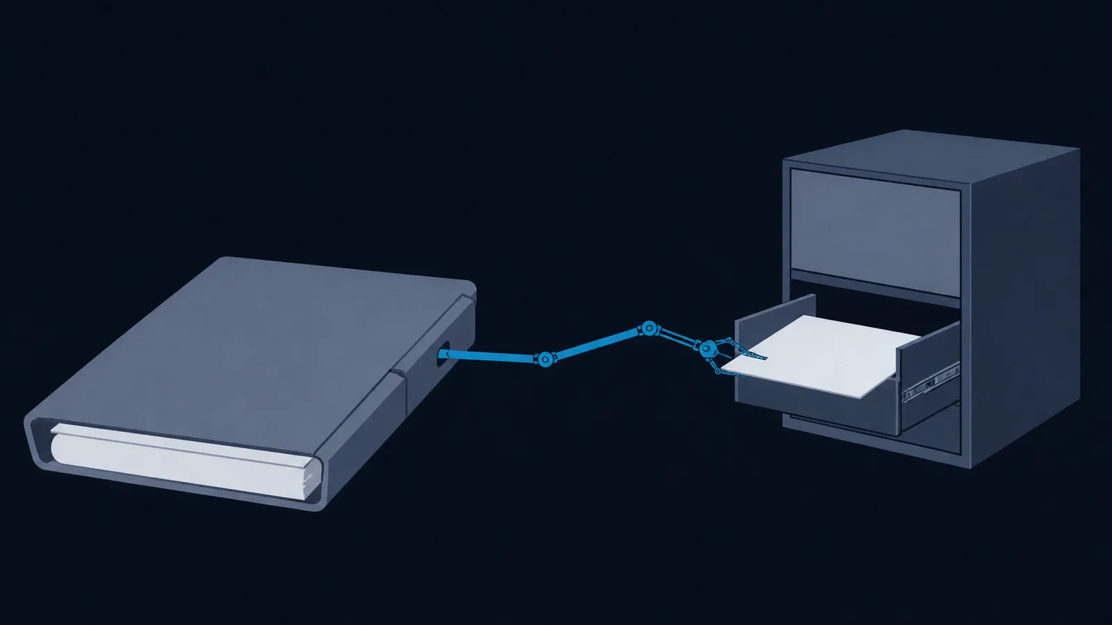 A folded document with a jointed tendril reaching into a filing cabinet and drawing out one plate.