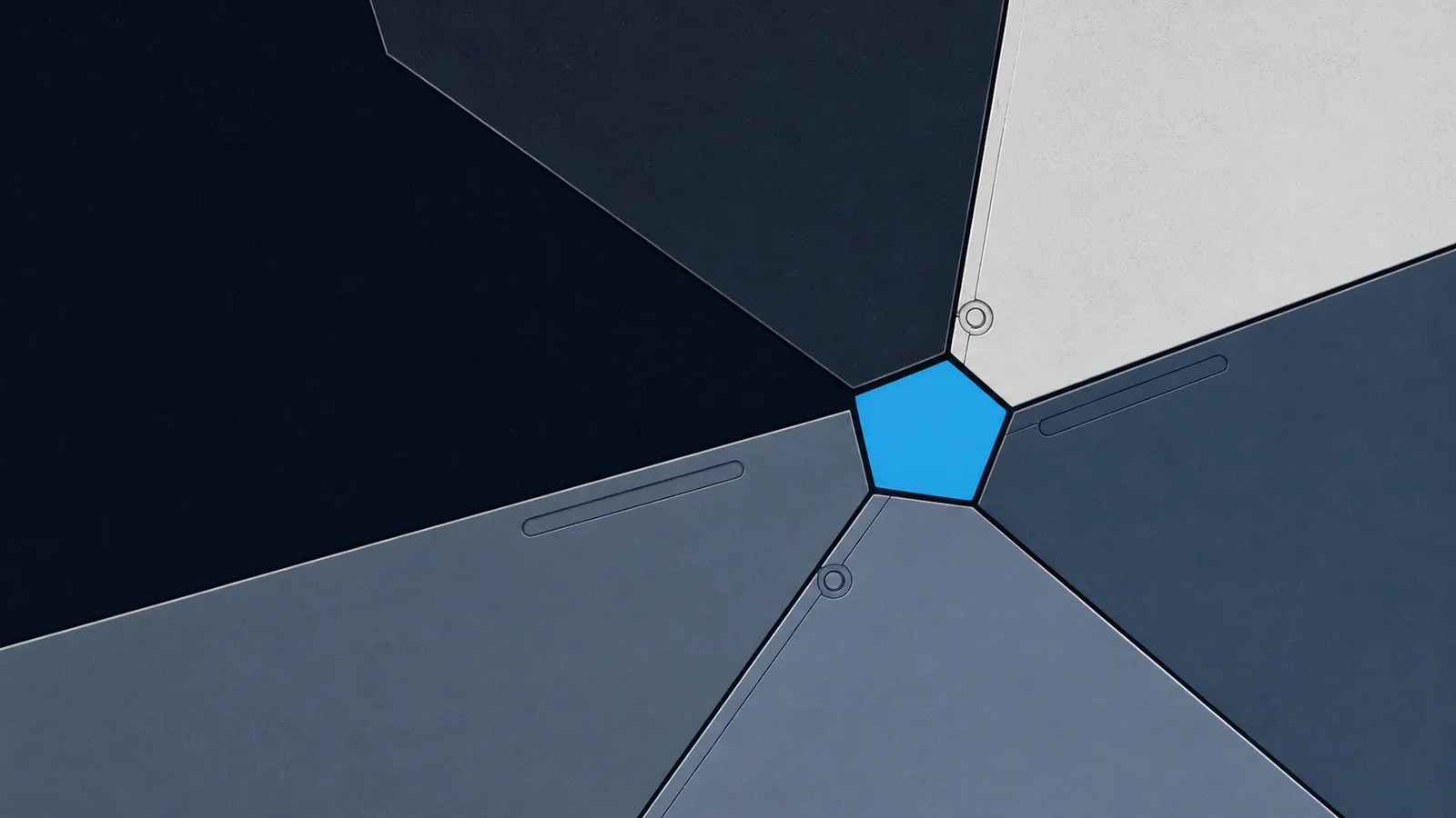 Five irregular plates closing inward, leaving one small clean polygonal region of open ground.